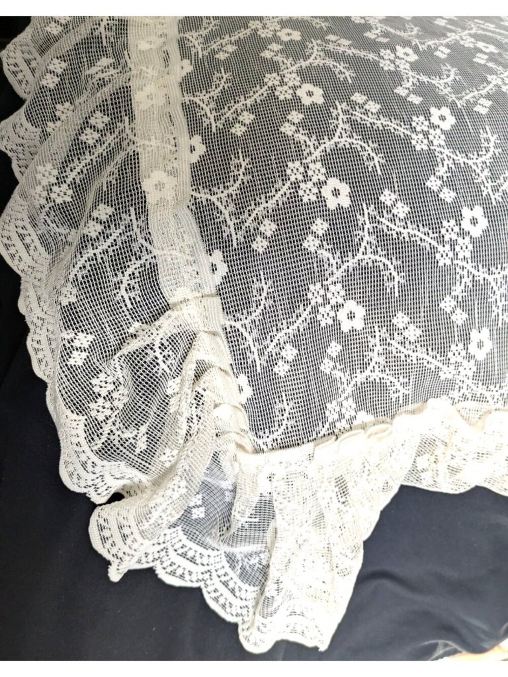 Vtg Lace Curtain Panels Set of 2 Ivory Off White Floral Ruffled Cottagecore 84"